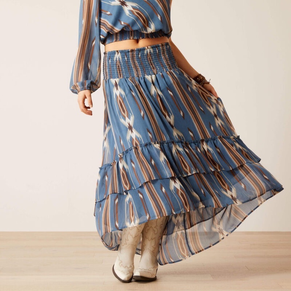 Ariat Blue Ikat Tiered High-Low Maxi Skirt with Brown Accents medium